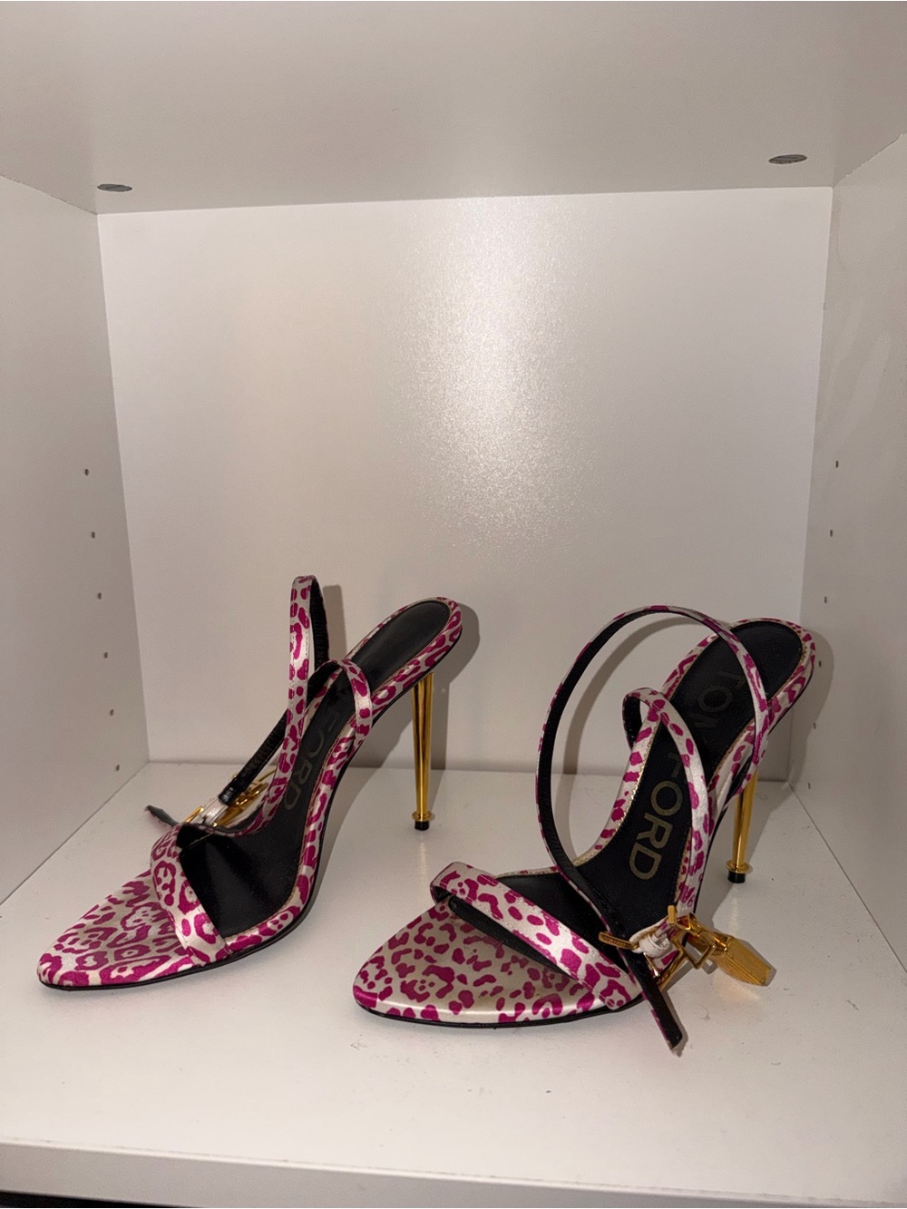 Tom Ford Pink Leopard-Print Padlock Sandals with Gold Heels
